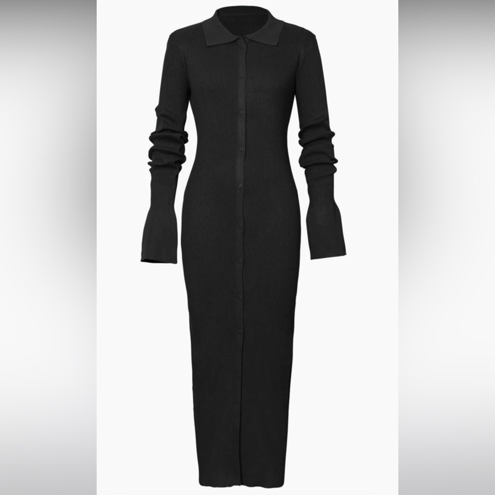 Shell Sleeve Ribbed Buttons Down Maxi Dress